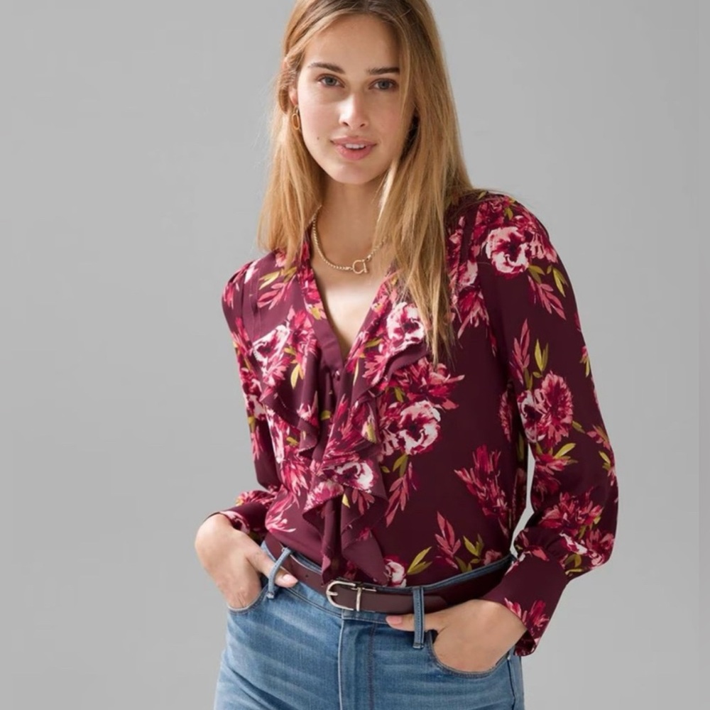 White House Black Market Burgundy Floral Ruffle Blouse
Size Medium